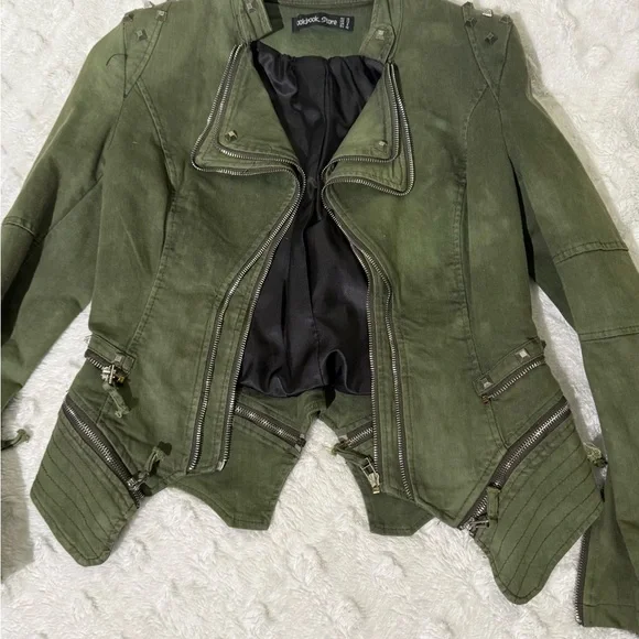 Olive camo green military studded multi zip jacket - Picture 3 of 11